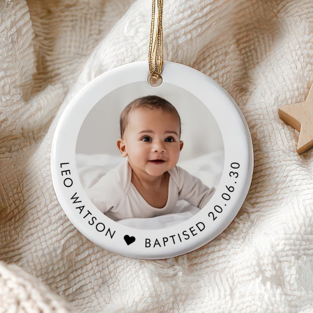 Doppresent med foto på bebis julgransprydnad keramik (Zazzle Baby's Baptism Photo Keepsake Ceramic Ornament)