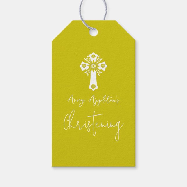 Doppresentflik Blommig Kors Gul Presentetikett (Framsidan)