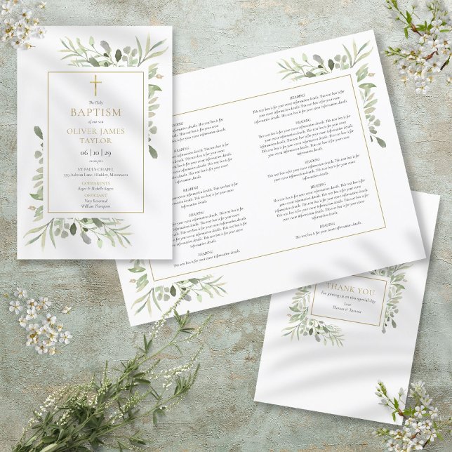 Dopprogram med grönska och guld (Greenery Gold Cross Baptism Christening Program)