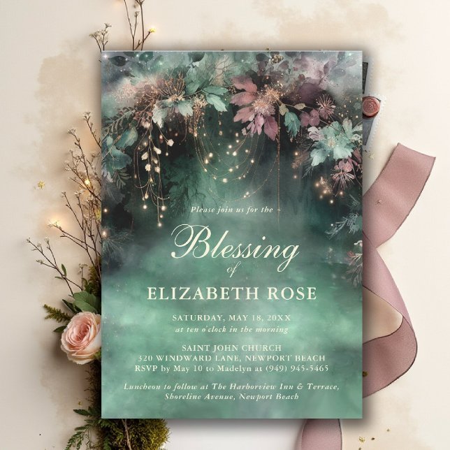 Dopsegen Förtrollad Skogsträdgård Botanisk Inbjudningar (baptism invitation christening enchanted forest garden botanical greenery emerald gold purple)
