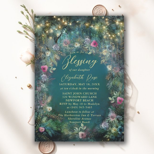Dopsegen Förtrollad Trädgård Sagor Rosor Inbjudningar (baptism invitation christening enchanted forest garden botanical greenery roses emerald gold frame)