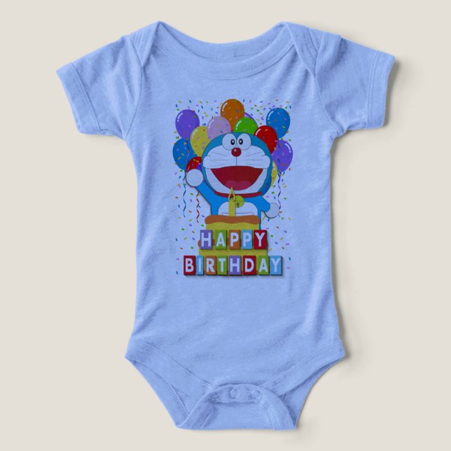 Doraemon med tårta och ballongkonst  t shirt (Design Framsida)