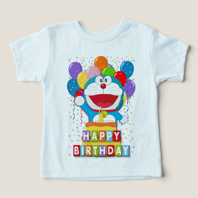 Doraemon with Cake and Balloon Art T Shirt (Design Framsida)