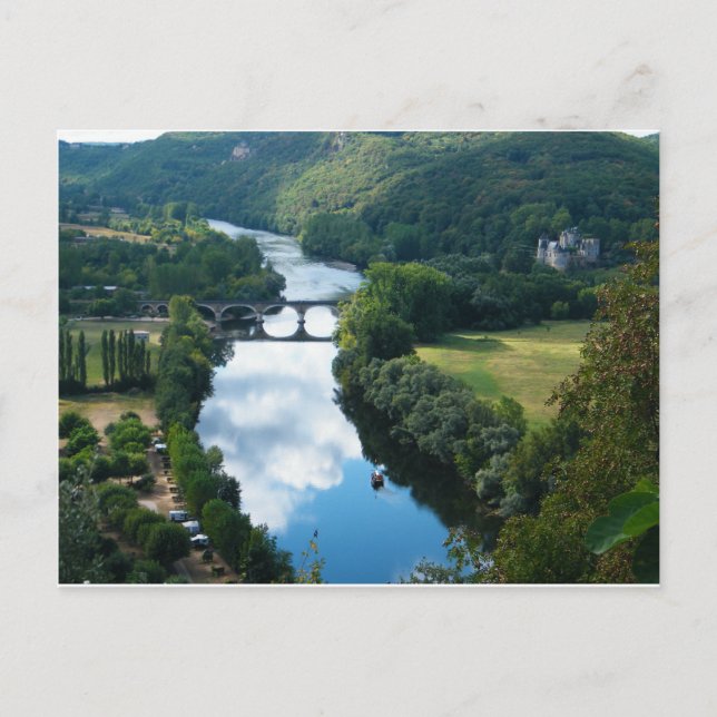 Dordogne Slott Slott Flod Båt Bro Vatten Vykort (Framsida)