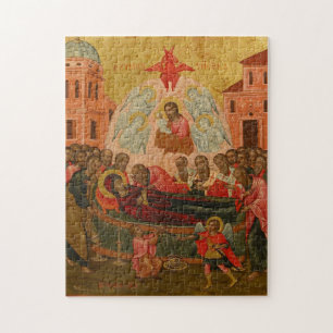 Dormition av den ortodoxa kristna ikonen Theotokos Pussel