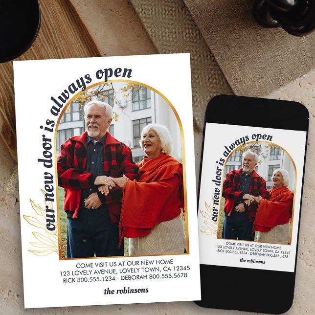 Dörren är alltid Open Guld Arch Photo Grått Flytta Meddelande (Arch photo new address moving announcement card available printed or as printable digital download)