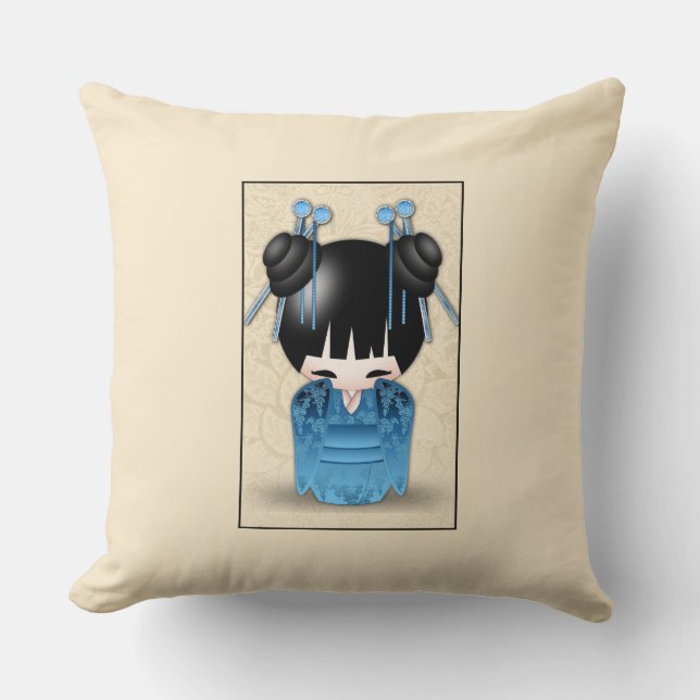 Dörren Cute Japanskt Kokeshi, blå Kudde (Framsida)