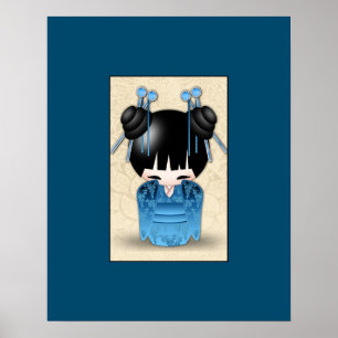 Dörren Cute Japanskt Kokeshi, blå Poster