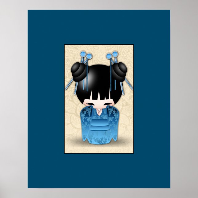 Dörren Cute Japanskt Kokeshi, blå Poster (Framsidan)
