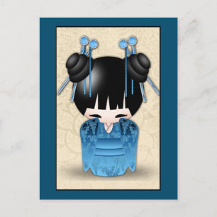 Dörren Cute Japanskt Kokeshi, blå Vykort