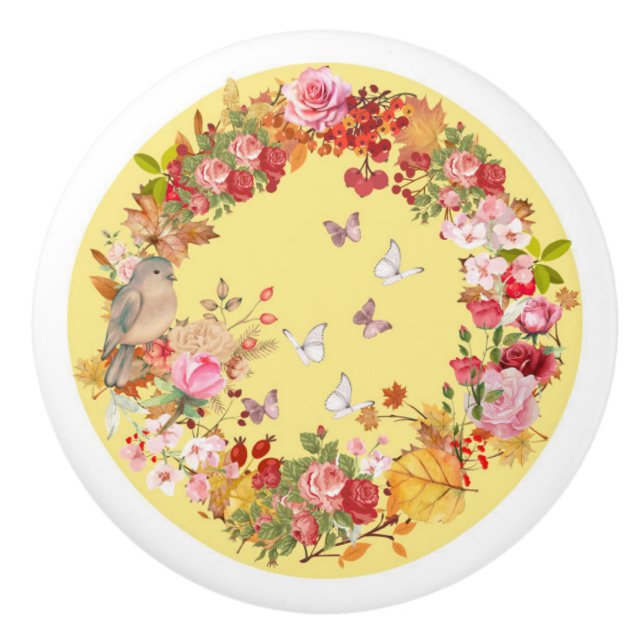 dörrhandtag - keramisk knopp - blomdesign (Framsidan)