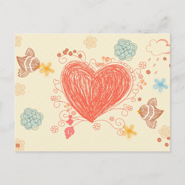 Dörrhjärta och fåglar mors dag vykort (Framsida)