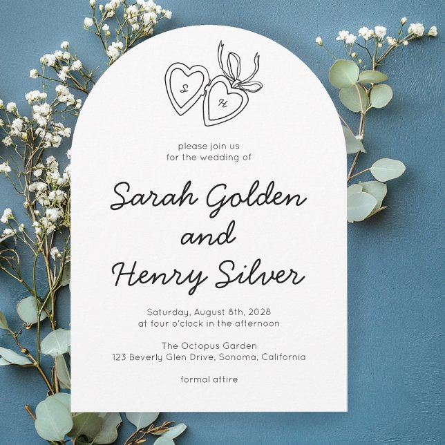 Dörrsketch Modern ANPASSNINGSBAR för Whimsical Hea Inbjudningar (Whimsical Heart Locket Doodle Sketch Modern CUSTOM Wedding Invitation Arch 
)
