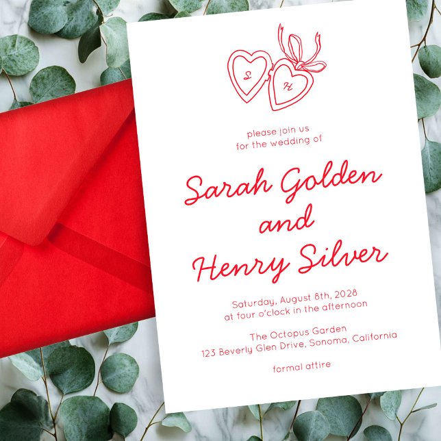 Dörrsketch Modern ANPASSNINGSBAR för Whimsical Hea Inbjudningar (Whimsical Heart Locket Doodle Sketch Modern CUSTOM Invitation Red White)