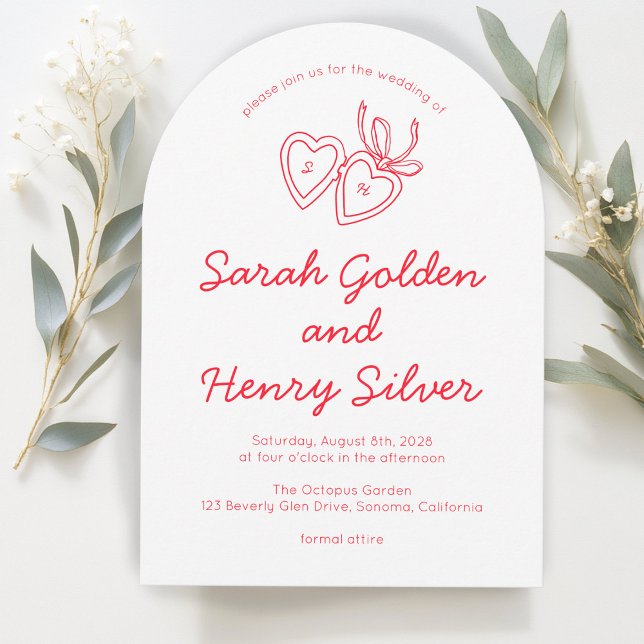 Dörrsketch Modern ANPASSNINGSBAR för Whimsical Hea Inbjudningar (Whimsical Heart Locket Doodle Sketch Modern CUSTOM Invitation
red White)