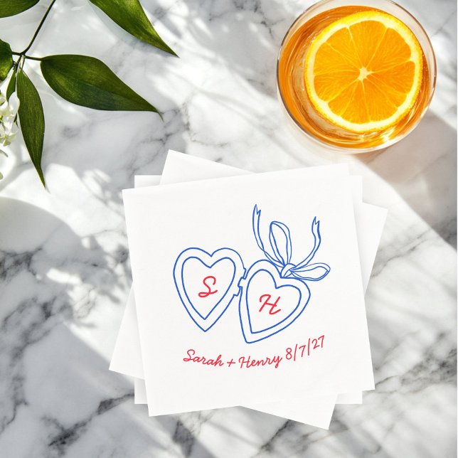 Dörrsketch Modern ANPASSNINGSBAR för Whimsical Hea Pappersservett (Whimsical Heart Locket Doodle Sketch Modern CUSTOM Napkins Red White Blue
)