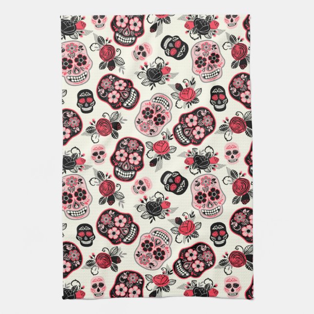 Döskallar av day of the dead-socker, vita kökshandduk (Vertikal)