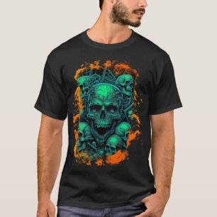 Döskallar Flamor Scary Grönt Färg Gothic Biker T Shirt