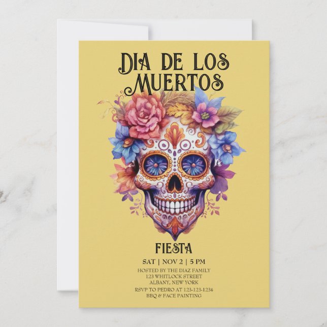 Döskallar Flowers Gult Dia de los Muertos Party Inbjudningar (Framsida)