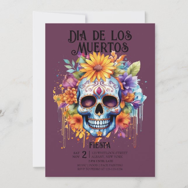 Döskallar Flowers Indigo Dia de los Muertos Party Inbjudningar (Framsida)