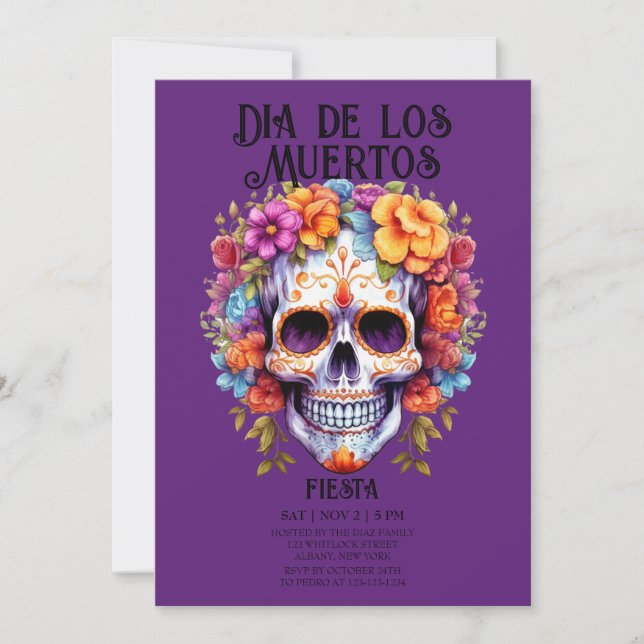 Döskallar Flowers Lila Dia de los Muertos Party Inbjudningar (Framsida)