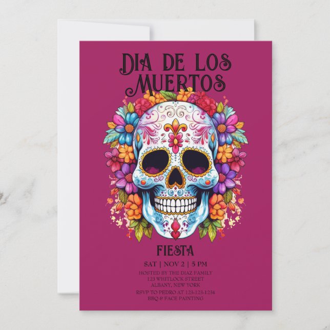 Döskallar Flowers Magenta Dia de los Muertos Party Inbjudningar (Framsida)