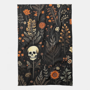 Döskallar Flowers och Greenery Black Halloween Kökshandduk