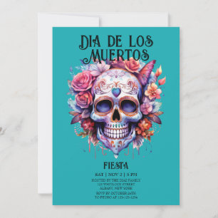 Döskallar Flowers Turquise Dia de los Muertos Part Inbjudningar