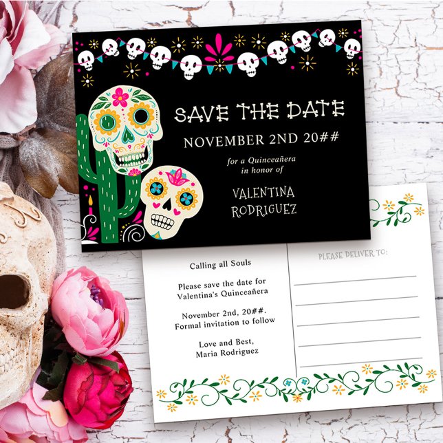 Döskallar för Day of the dead Blommigt Sugar Spara Meddelande Vykort (Quinceanera Save the Date from my Dia de los Muertos collection )