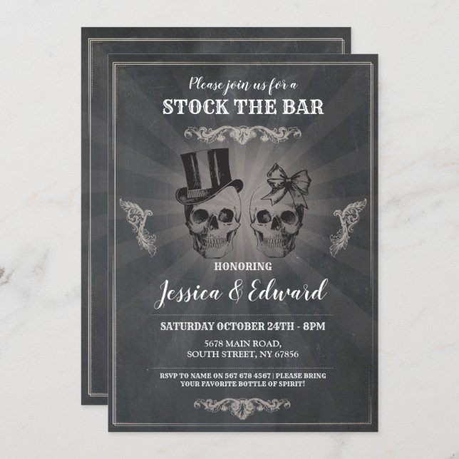 Döskallar Fylla Baren Halloween Krita Inbjudan (Fram/baksida)