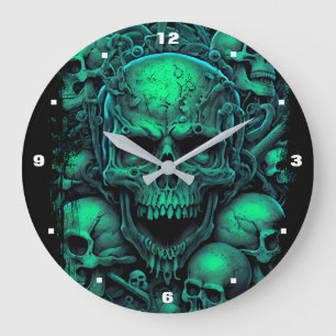 Döskallar Grönt Black Scary Biker Gothic Halloween Stor Klocka