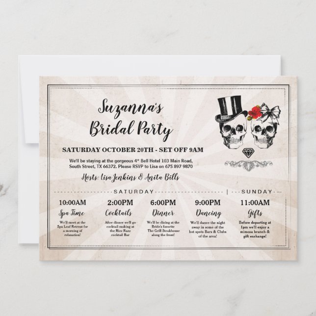 Döskallar Möhippa Itinerary Bachelorette Ro Inbjudningar (Framsida)