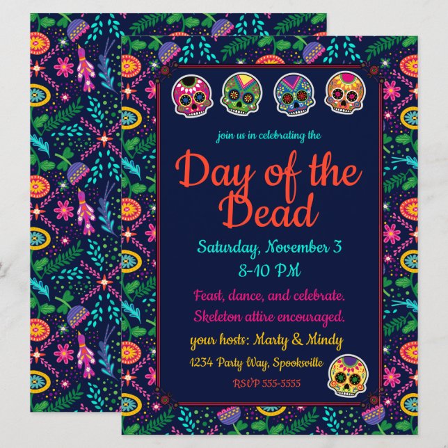 Döskallar och blommor Dias de los Muertos Inbjudningar (Fram/baksida)