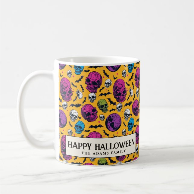 Döskallar och Fladdermus Gult Halloween Kaffemugg (Vänster)