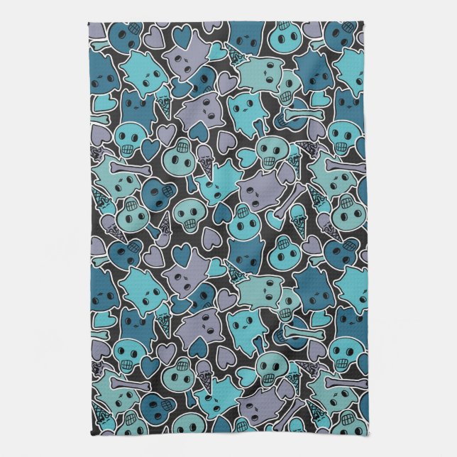 Döskallar och hjärtor på svart bakgrund 2 kökshandduk (Vertikal)