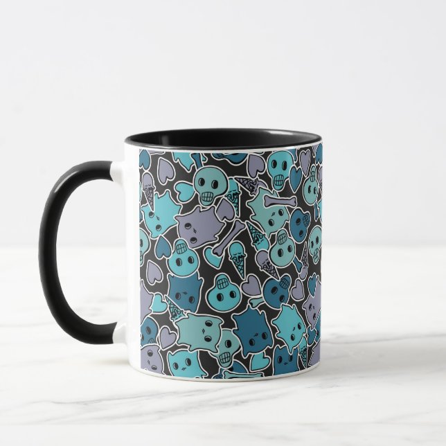 Döskallar och hjärtor på svart bakgrund 2 mugg (Vänster)