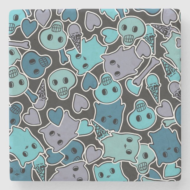 Döskallar och hjärtor på svart bakgrund 2 stenunderlägg (Framsidan)