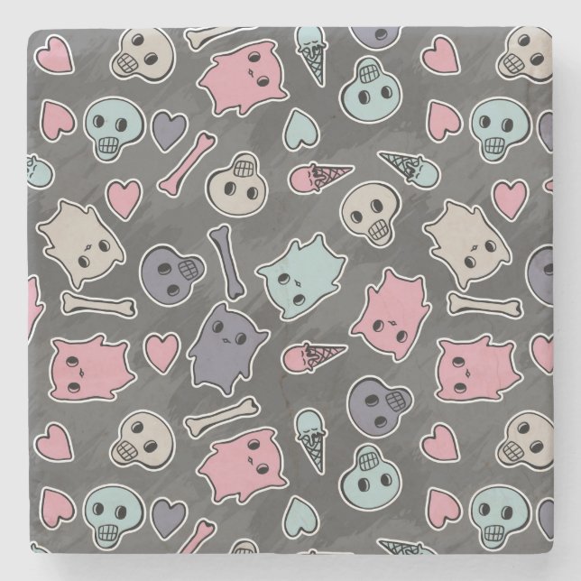 Döskallar och hjärtor på svart bakgrund underlägg sten (Framsidan)