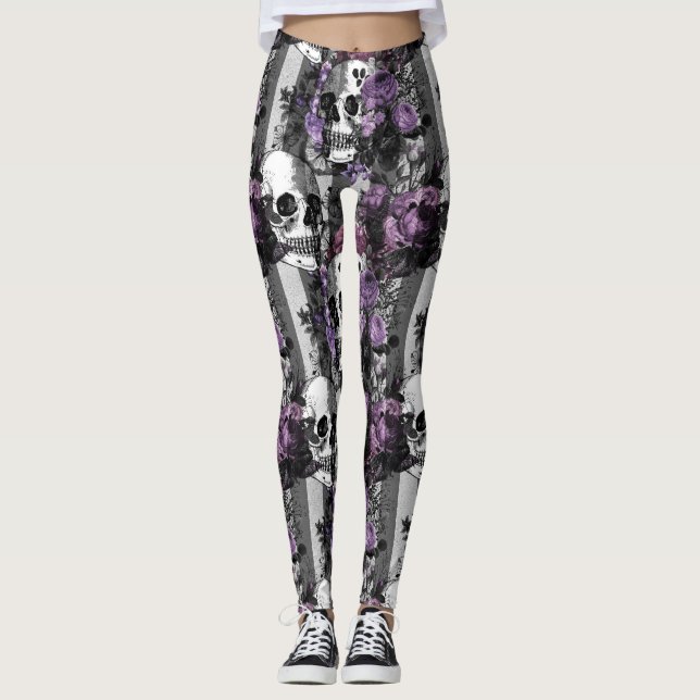 Döskallar och Lila blommor Leggings (Framsida)