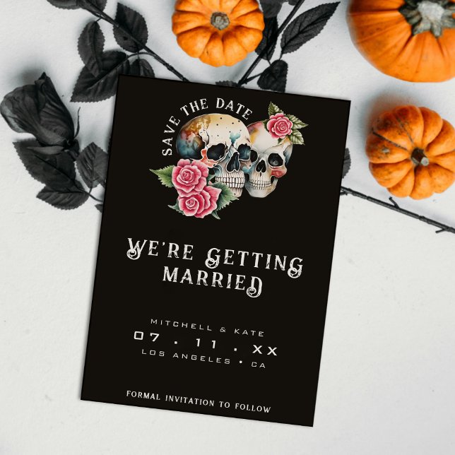 Döskallar och Ro Black Bröllop Spara Datumet (Skulls & Roses Black Wedding Save The Date
)