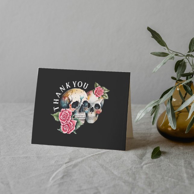 Döskallar och Ro Black Bröllop Tack Kort (Skulls & Roses Black Wedding Thank You Card
)
