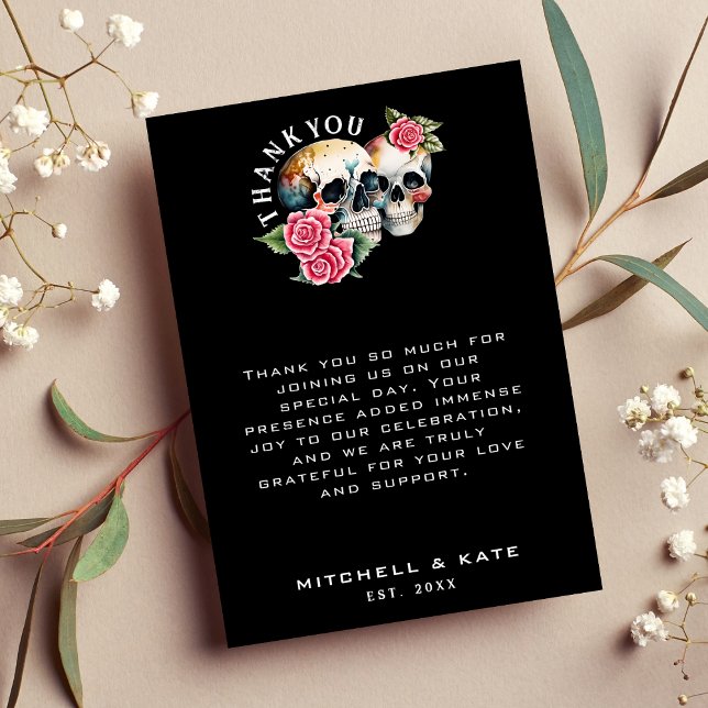 Döskallar och Ro Black Bröllop Tack Kort (Skulls & Roses Black Wedding Thank You Card)