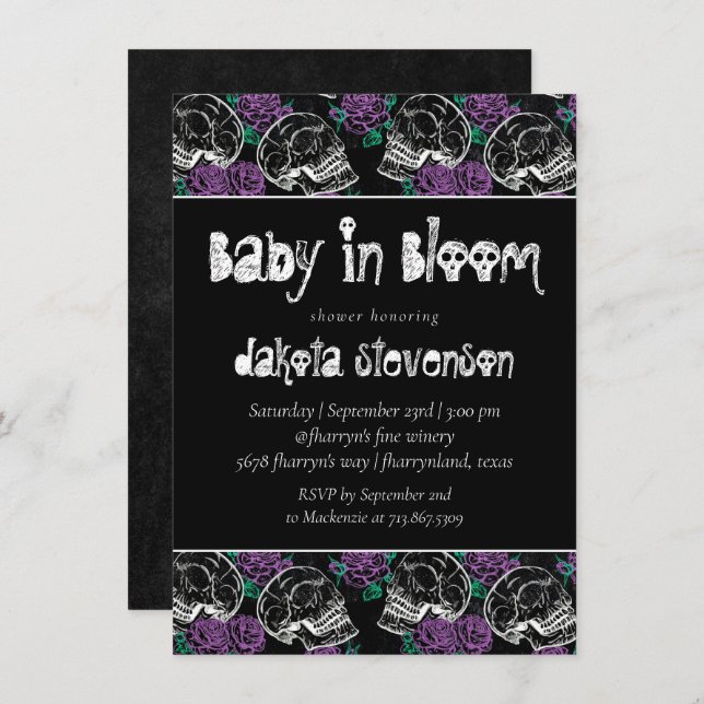 Döskallar och Röd ros | Modern Goth Baby i Bloom I Inbjudningar (Fram/baksida)