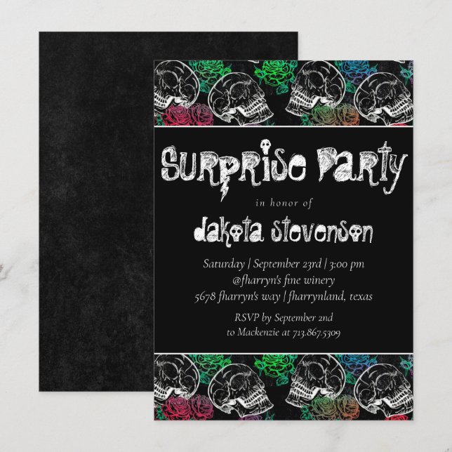 Döskallar och Röd ros | Modern Goth Surprise Party Inbjudningar (Fram/baksida)