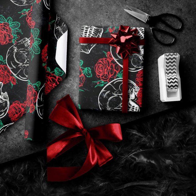 Döskallar och Röd ros | Modern gotiic Grunge Presentpapper (Skapare uppladdad)