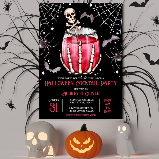 Döskallar och Spindelnät i Halloween Cocktail Part Inbjudningar (Halloween Cocktail Party Skulls and Spiderwebs Invitation)