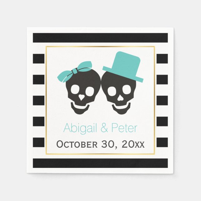 Döskallar par och rand aqua Halloween bröllop Pappersservett (Framsidan)