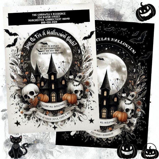 Döskallar Pumpkin Haunted House Halloween Bash Got Inbjudningar (Skulls Pumpkin Haunted House Halloween Bash Gothic Invitation)