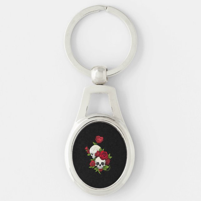 Döskallar Ro Día de Muertos Ovalt Silverfärgad Nyckelring (Framsidan)