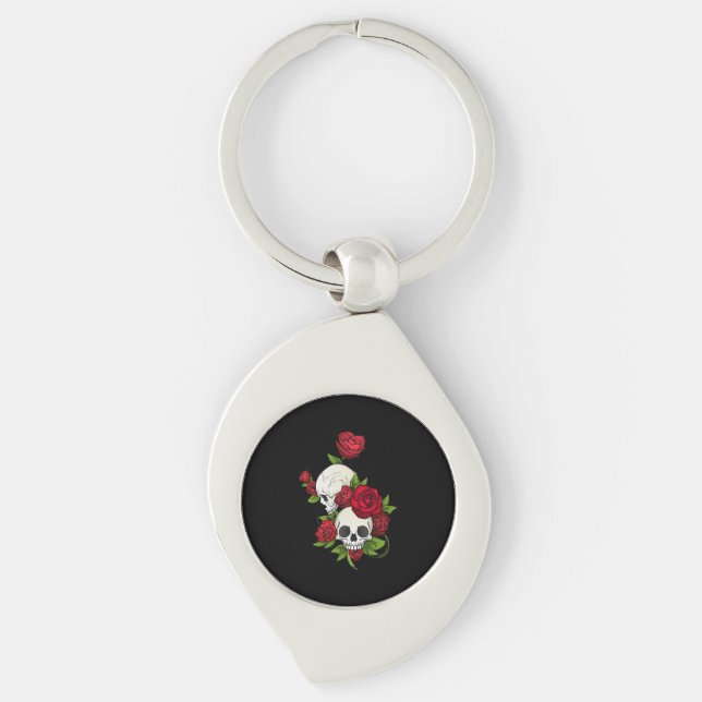 Döskallar Ro Día de Muertos Swirl Silverfärgad Nyckelring (Framsidan)